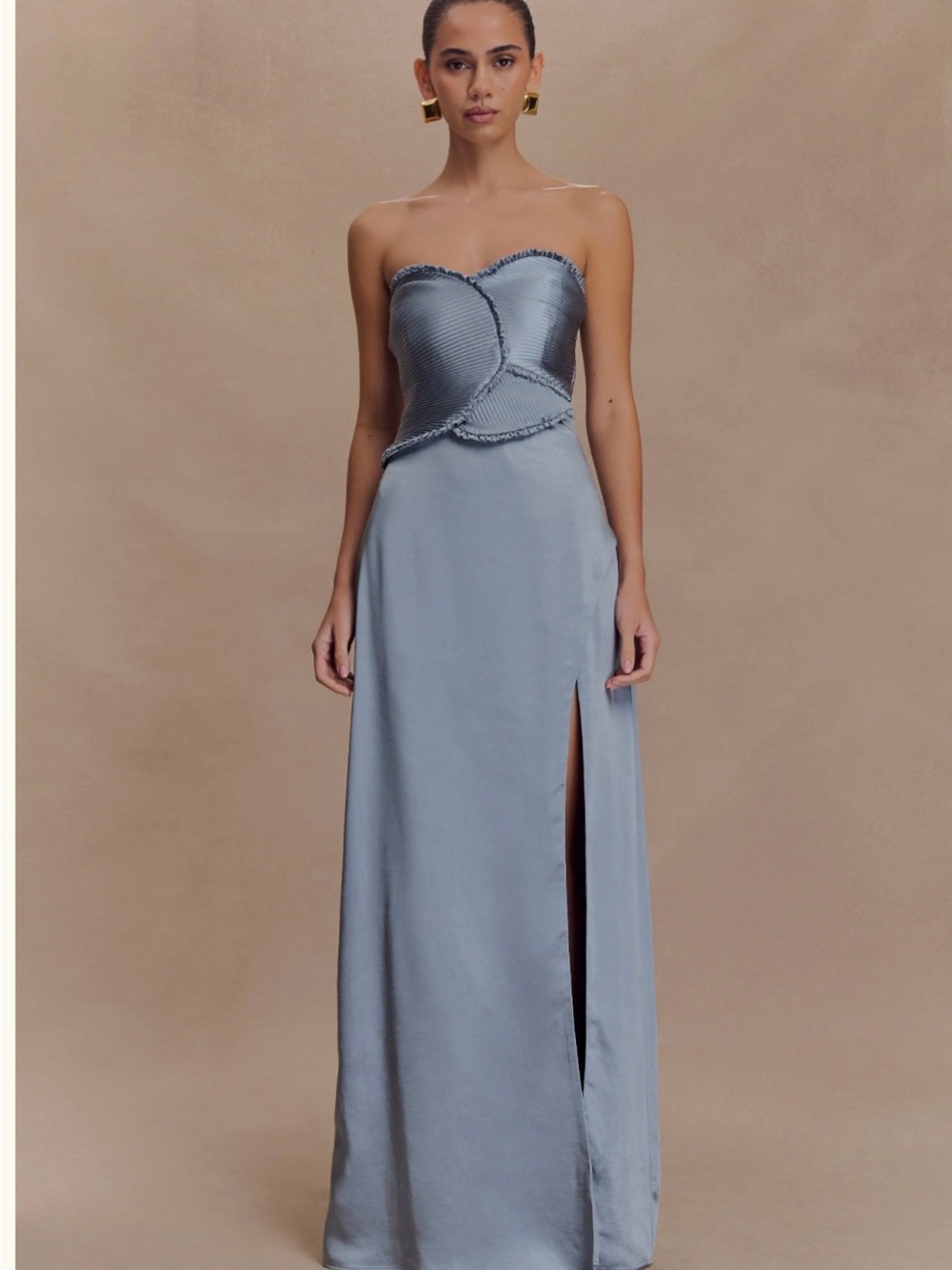 Meshki Satin Maxi Dress with Ruched Petals - Frosted Blue